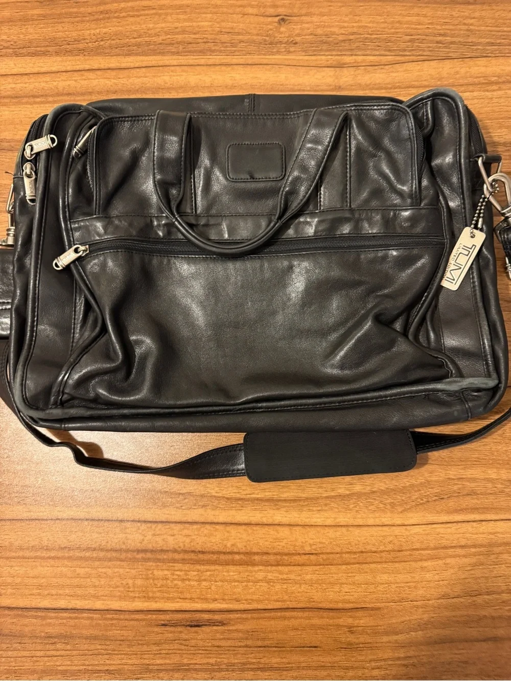 Tumi Black Leather Laptop Bag with Shoulder Strap